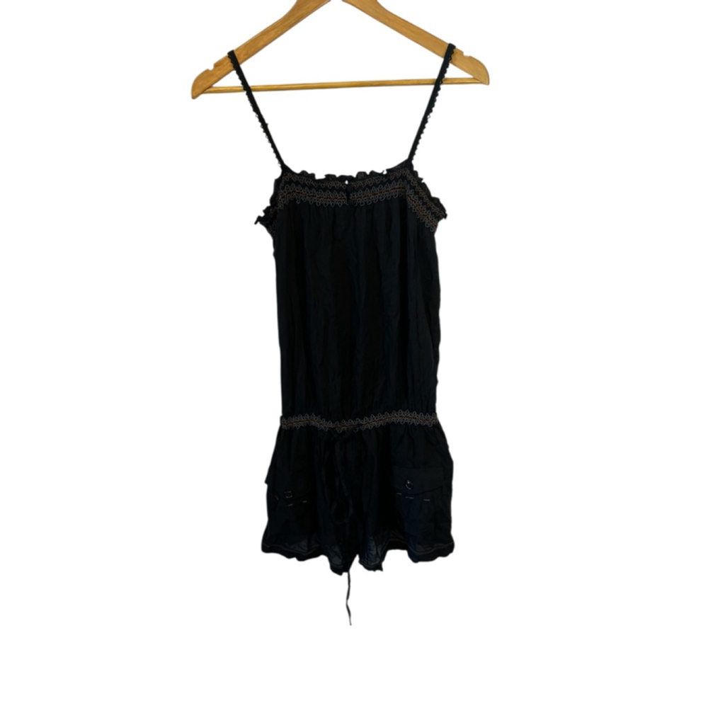 Women’s Black Romper Embroidered Short Elastic Waist Adjustable Strap M